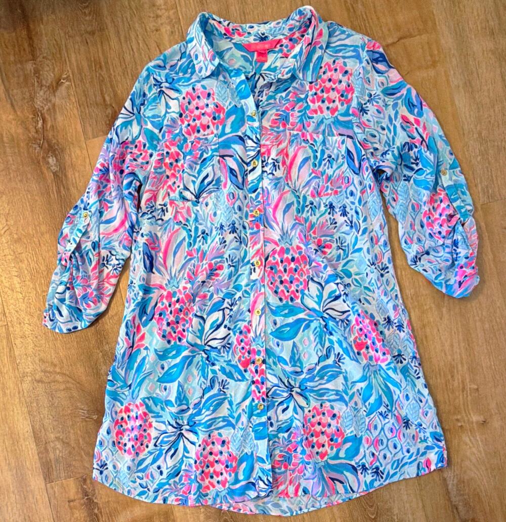 Lilly Pulitzer Swimwear Cover-Up Collared Button 3/4 Sleeve Rayon Blouse
